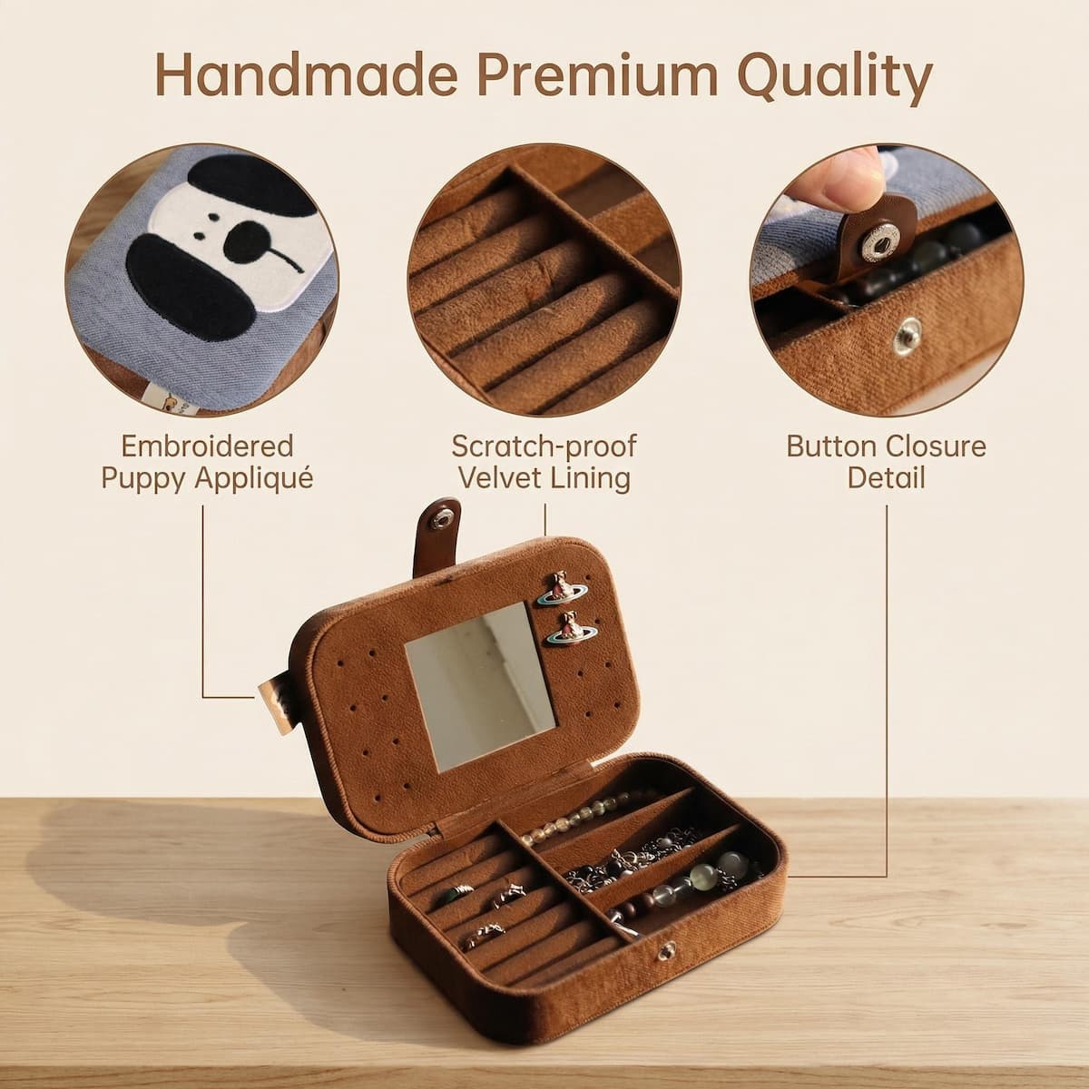 Puppy Jewelry Box with Mirror – Double-Layer Travel Organizer
