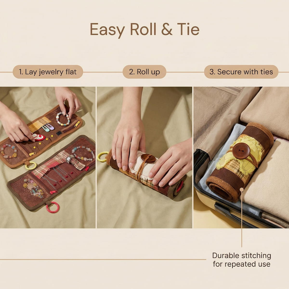Travel Jewelry Roll – Portable Organizer for Necklaces, Earrings & Everyday Treasures