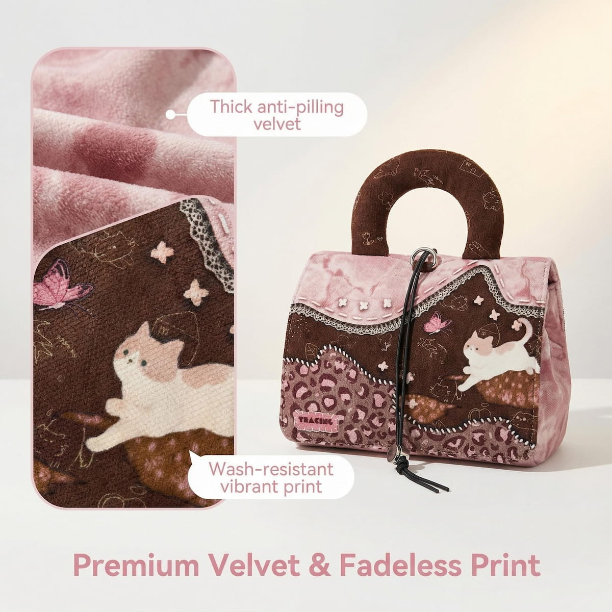 Pink Kitten Velvet Makeup Bag - Large Foldable Travel Organizer with Pouches