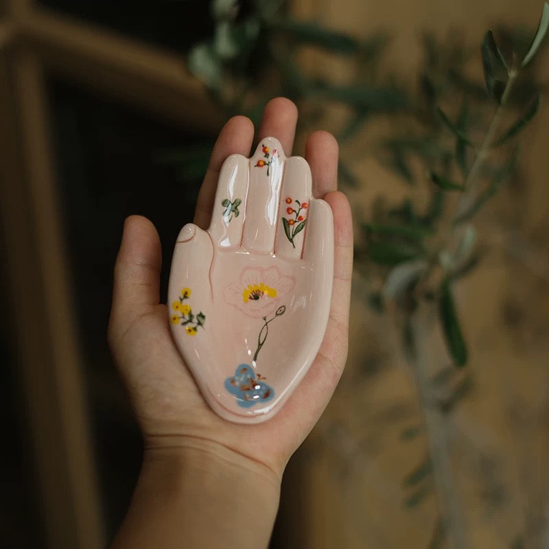 Hand-Painted Ceramic Palm Tray - Artisanal Mini Jewelry Dish