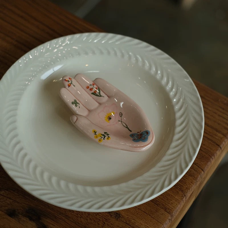 Hand-Painted Ceramic Palm Tray - Artisanal Mini Jewelry Dish