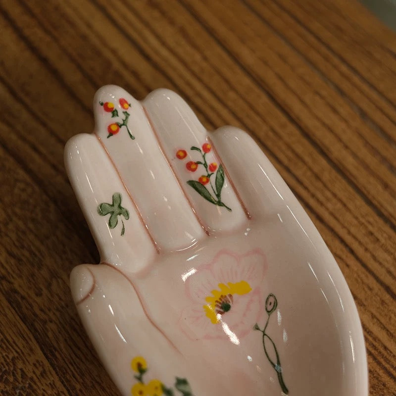 Hand-Painted Ceramic Palm Tray - Artisanal Mini Jewelry Dish