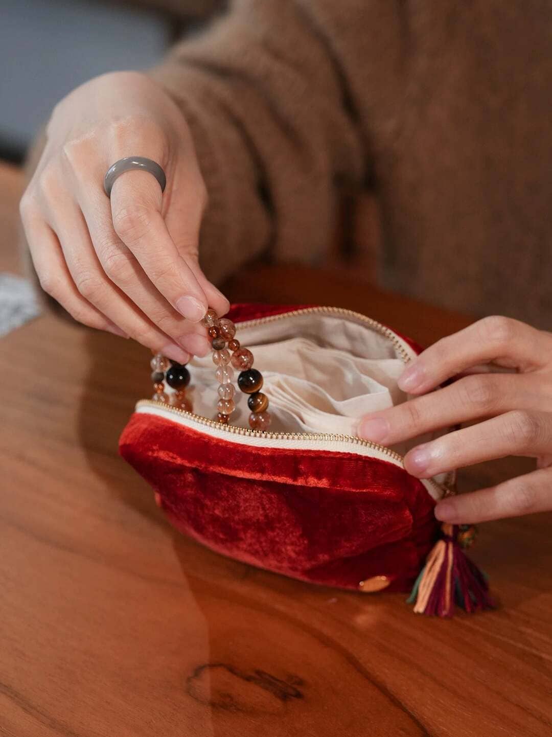 Limited Edition Silk Velvet Jewelry Pouch - Handcrafted with Natural Stones
