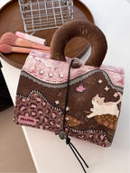 Pink Kitten Velvet Makeup Bag - Large Foldable Travel Organizer with Pouches