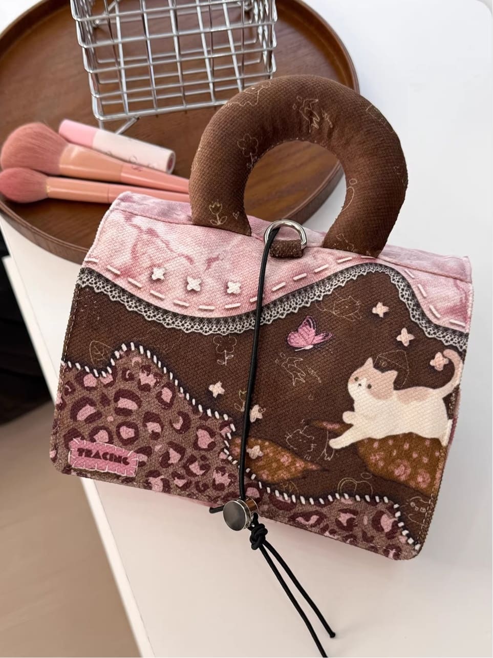 Pink Kitten Velvet Makeup Bag - Large Foldable Travel Organizer with Pouches