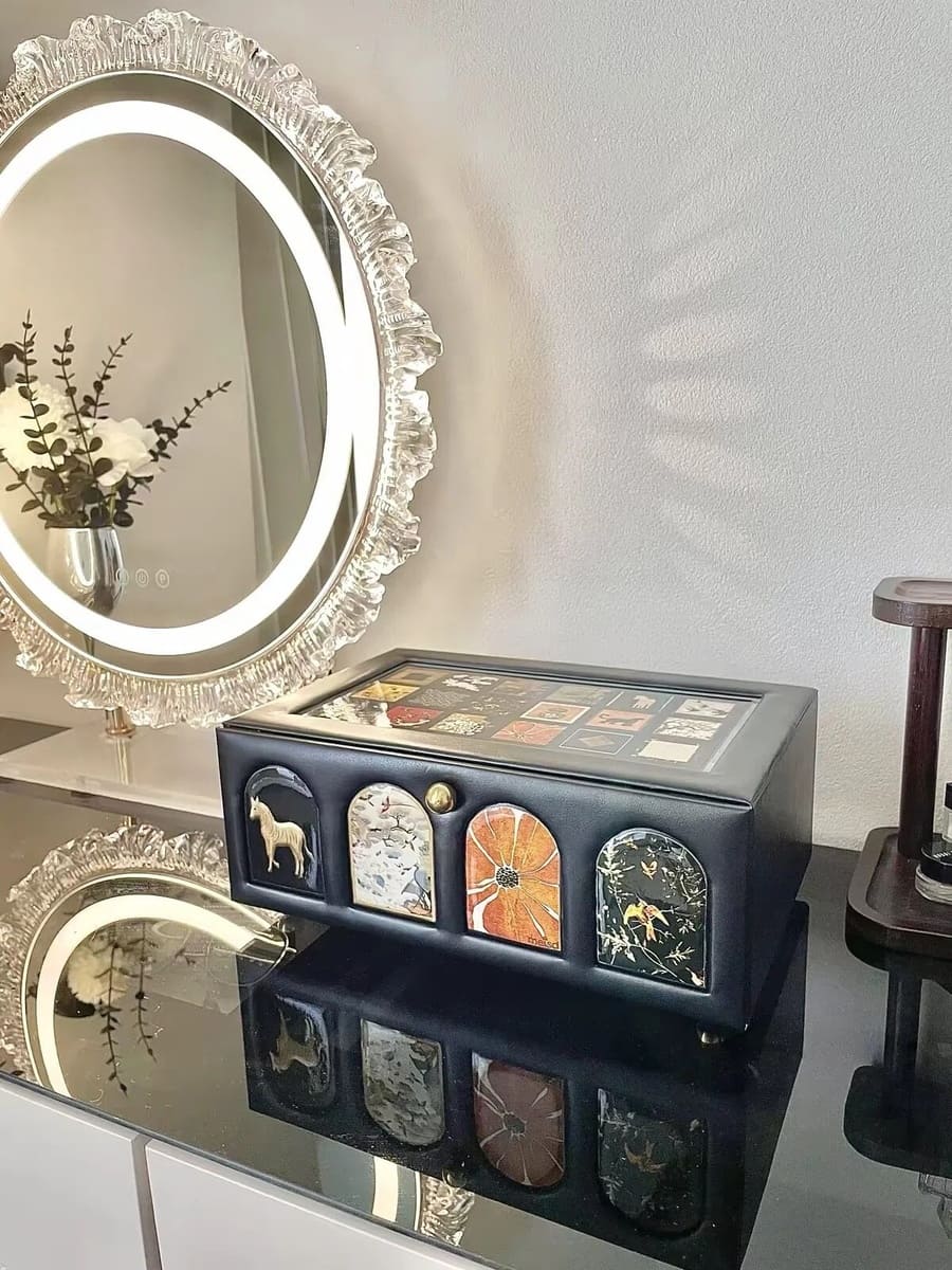 Vintage Collage Jewelry Box - Large 2-Tier Leather Jewelry Organizer with Dustproof Lid