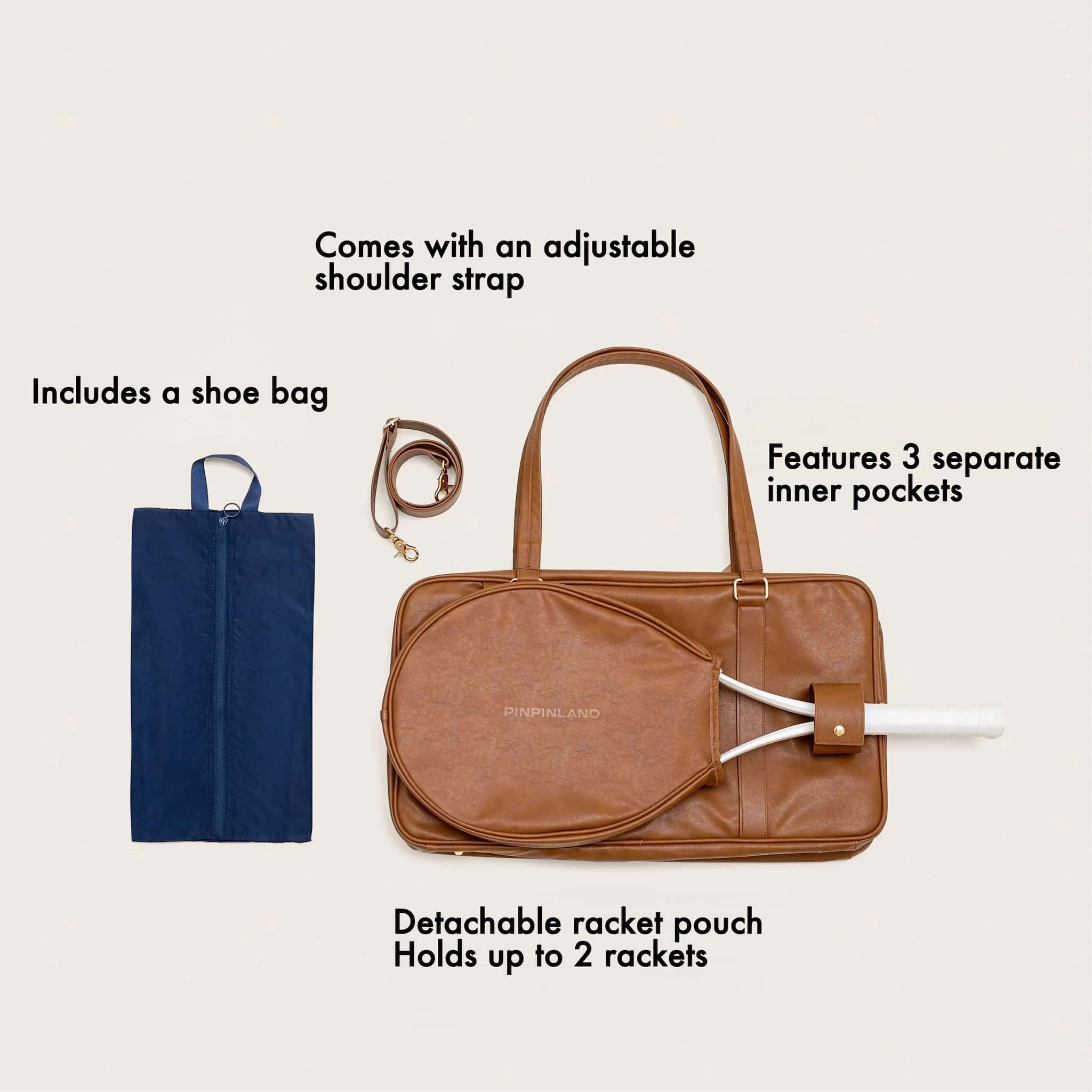 Vintage Tennis Duffle Bag - Large Capacity Leather Sports & Travel Bag with Detachable Racket Pouch