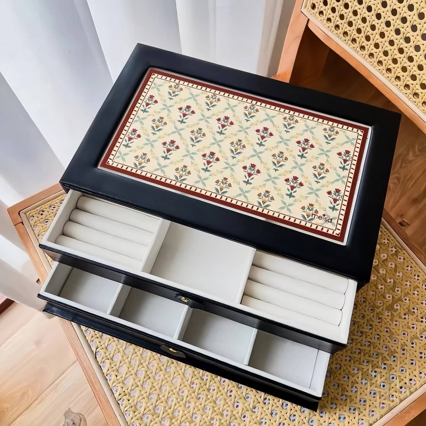 Vintage Collage Jewelry Box - Large 2-Tier Leather Jewelry Organizer with Dustproof Lid