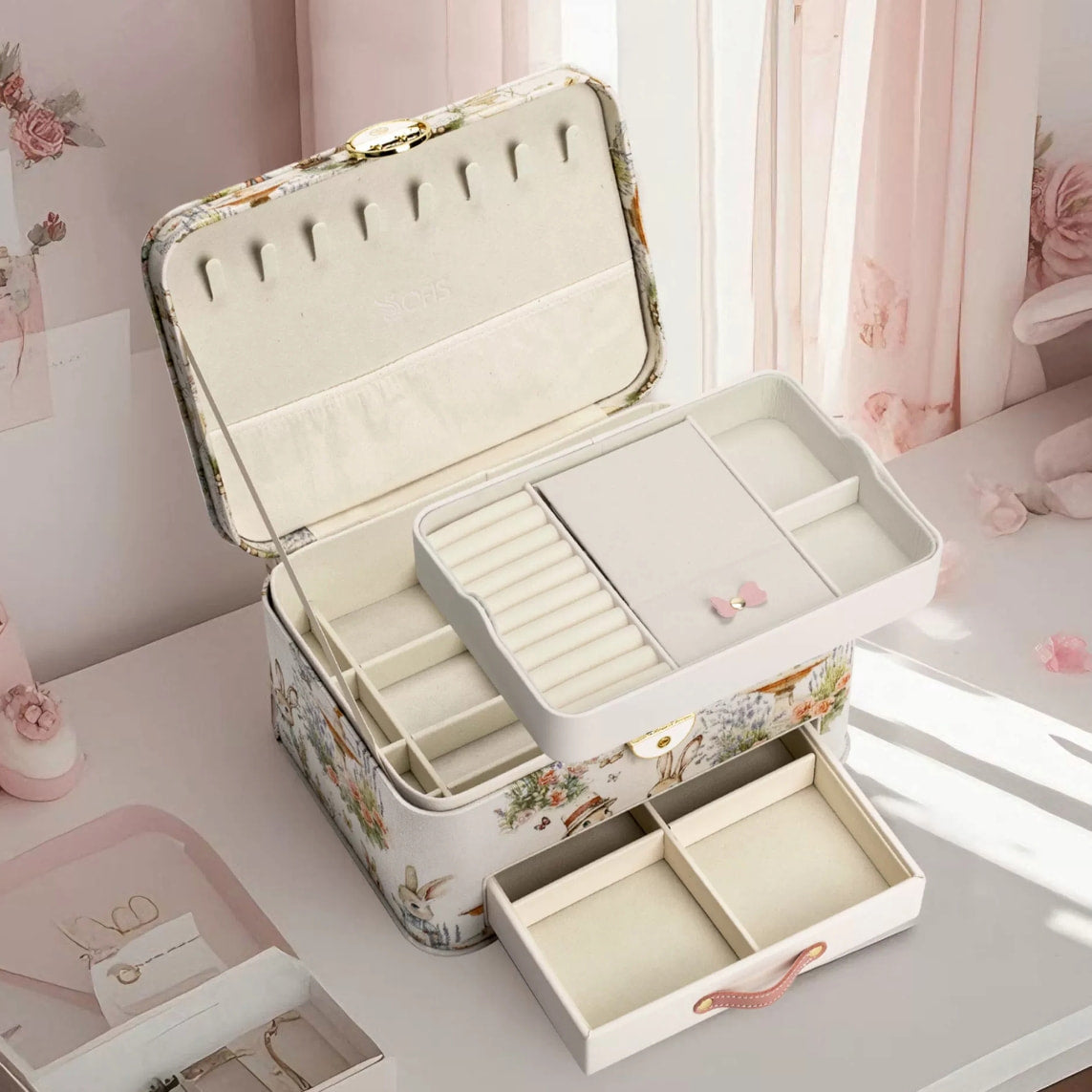 Linen Jewelry Box with Handmade Doll & Embroidery
