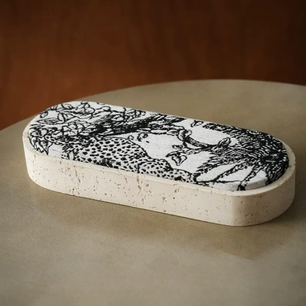 Travertine-Effect Oval Storage Box with Linen Lid