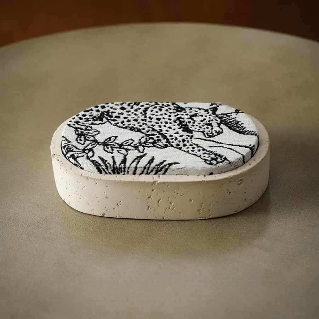 Travertine-Effect Oval Storage Box with Linen Lid
