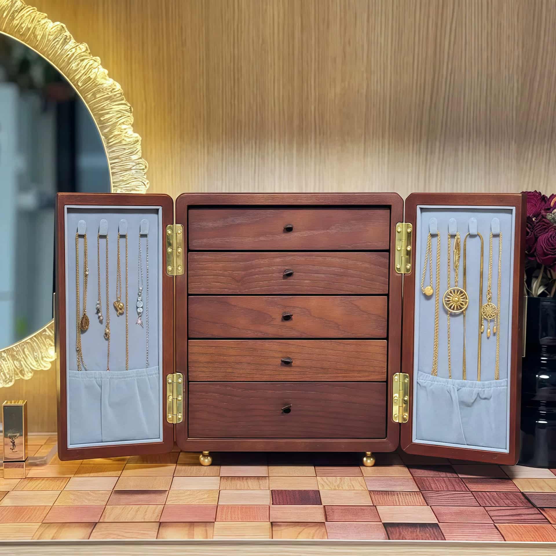 Wood Jewelry Cabinet with Double Doors & Drawers