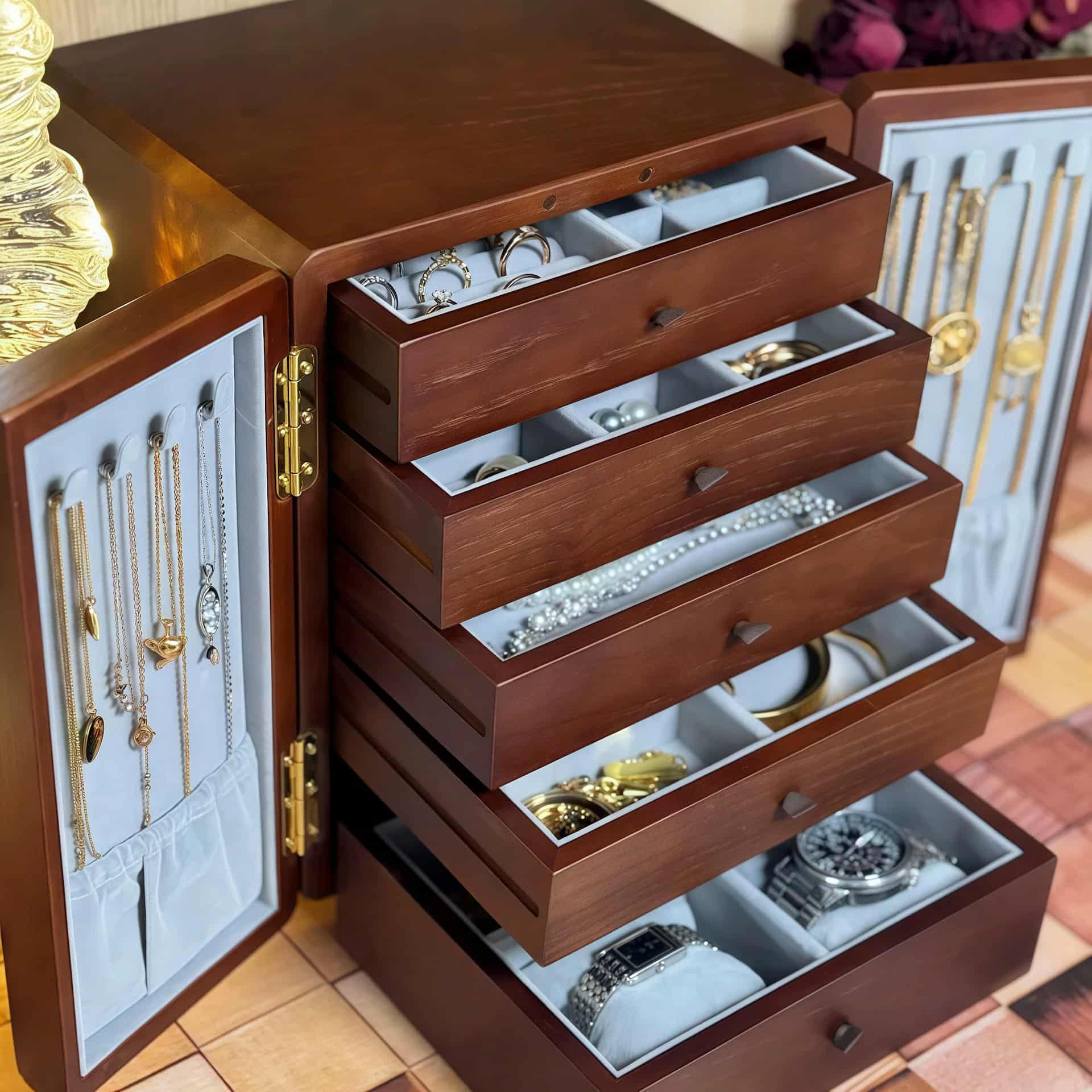 Wood Jewelry Cabinet with Double Doors & Drawers