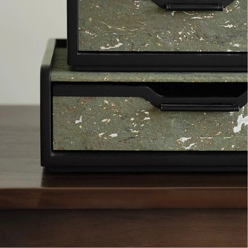 Silver Foil Travertine Drawer Box - Vintage Black Wood Jewelry & Desktop Organizer