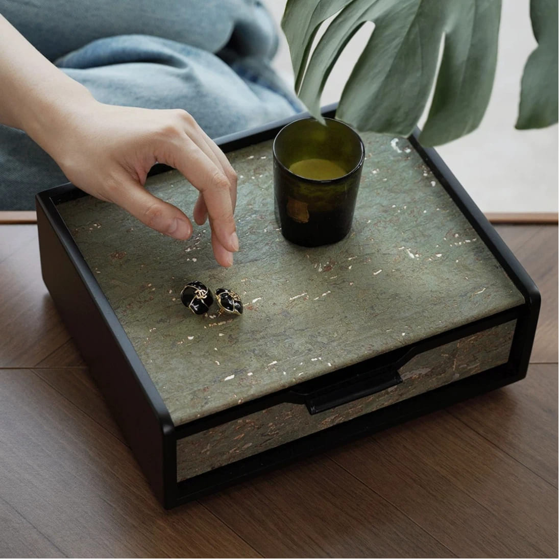 Silver Foil Travertine Drawer Box - Vintage Black Wood Jewelry & Desktop Organizer