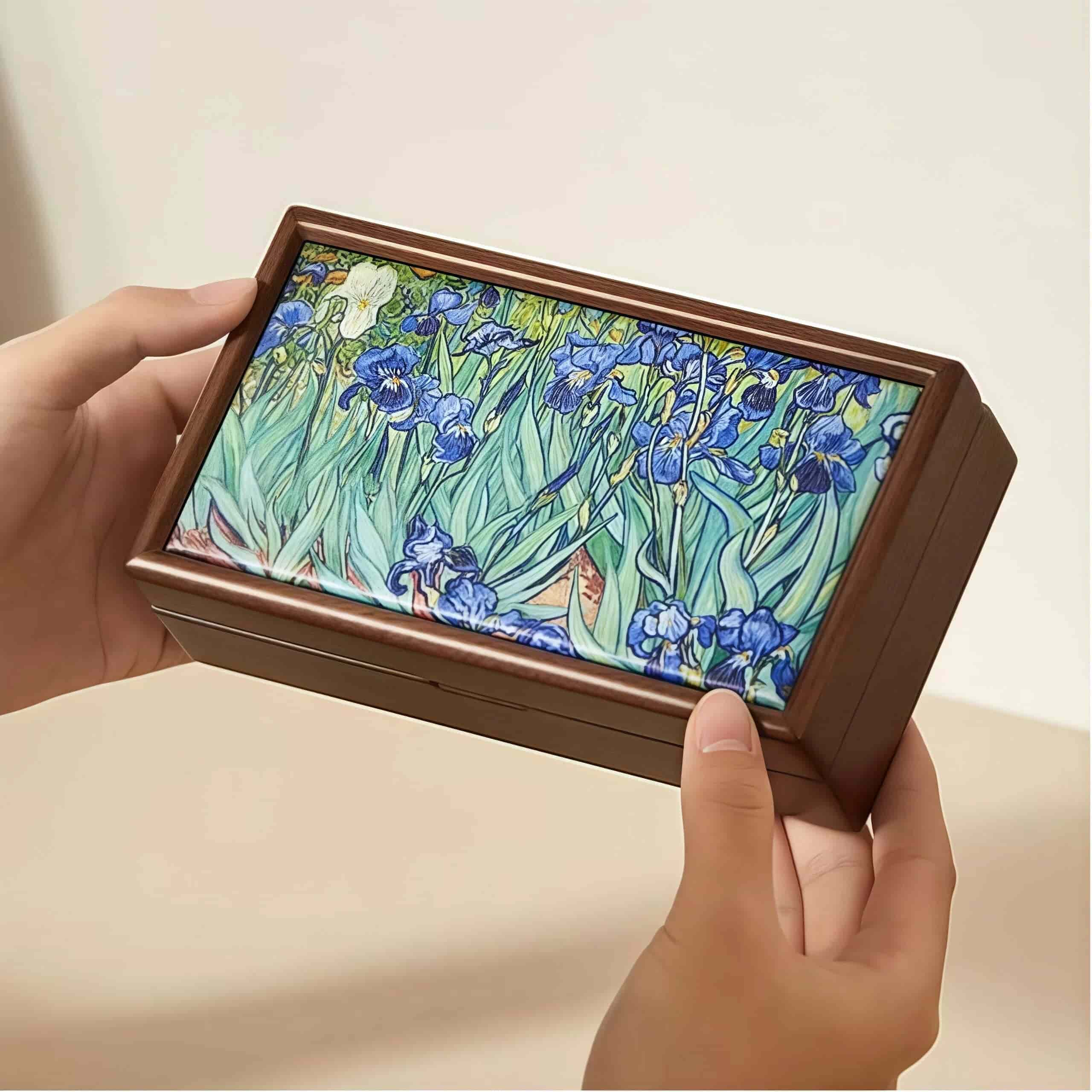 Iris Oil Painting Solid Wood Jewelry Box - Portable Magnetic Closure Organizer for Necklaces & Earrings