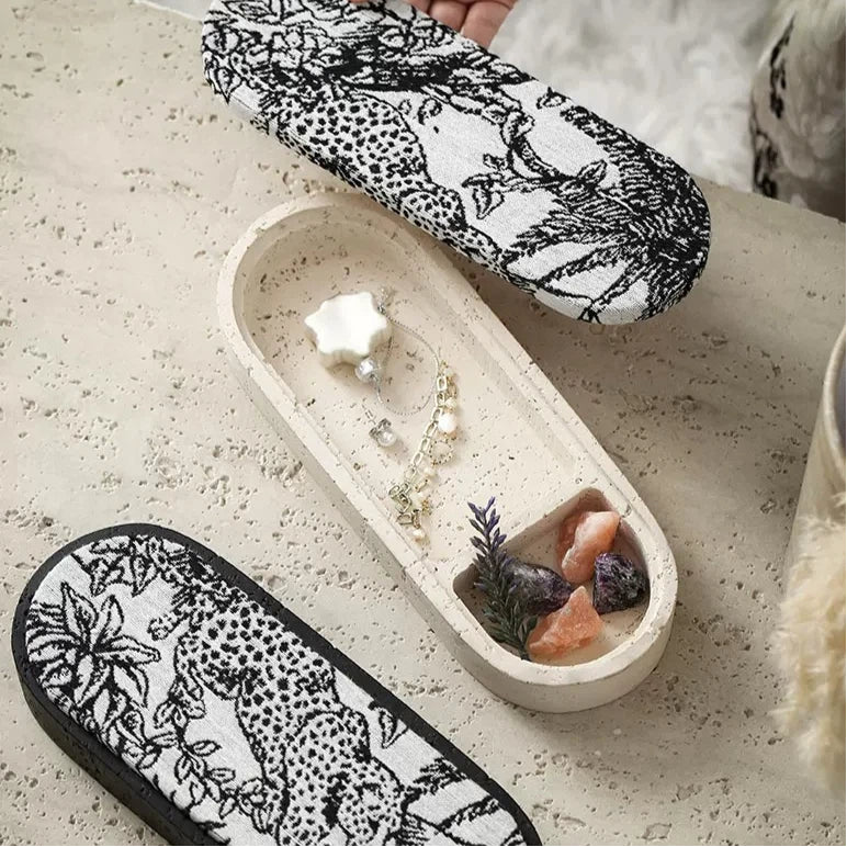 Travertine-Effect Oval Storage Box with Linen Lid