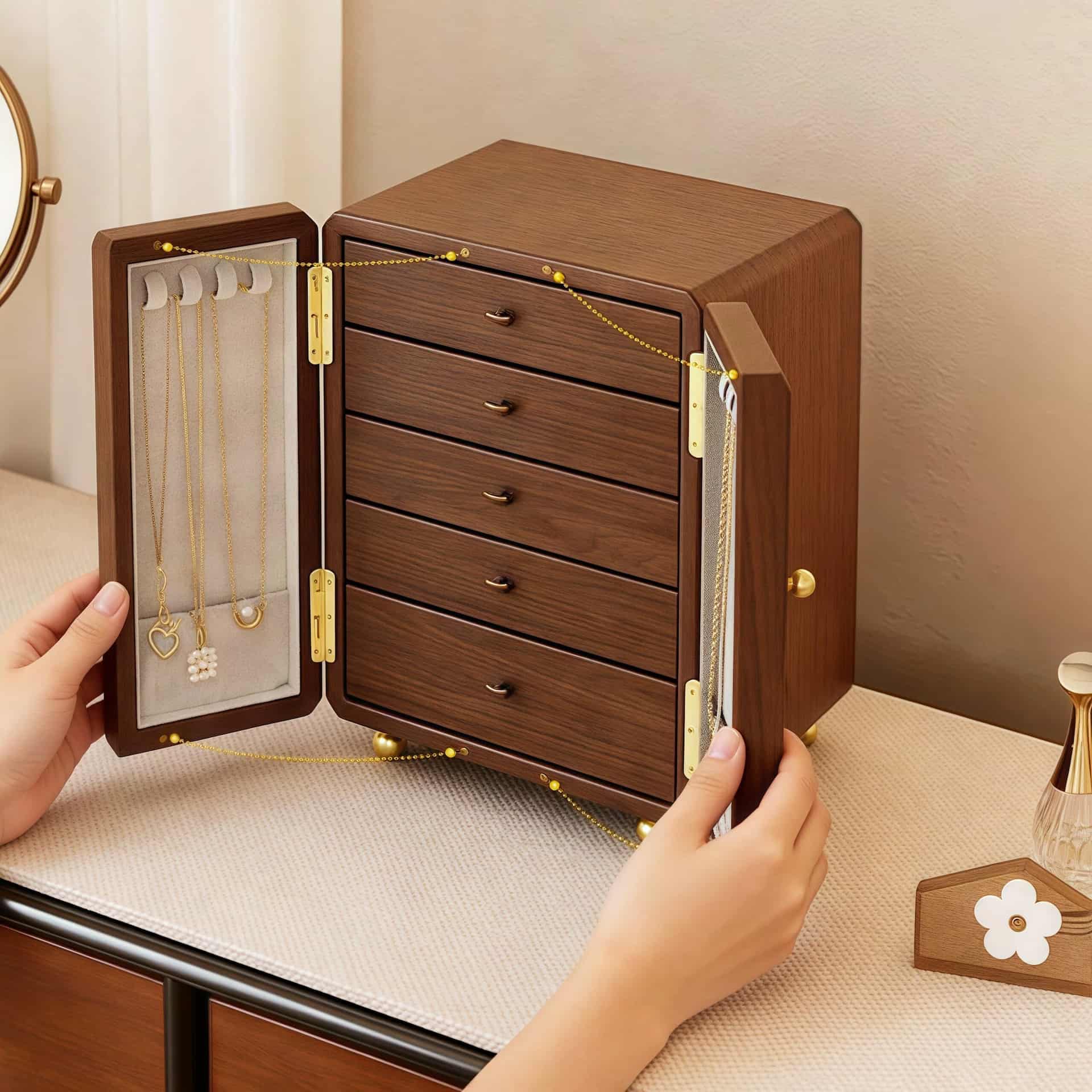 Wood Jewelry Cabinet with Double Doors & Drawers