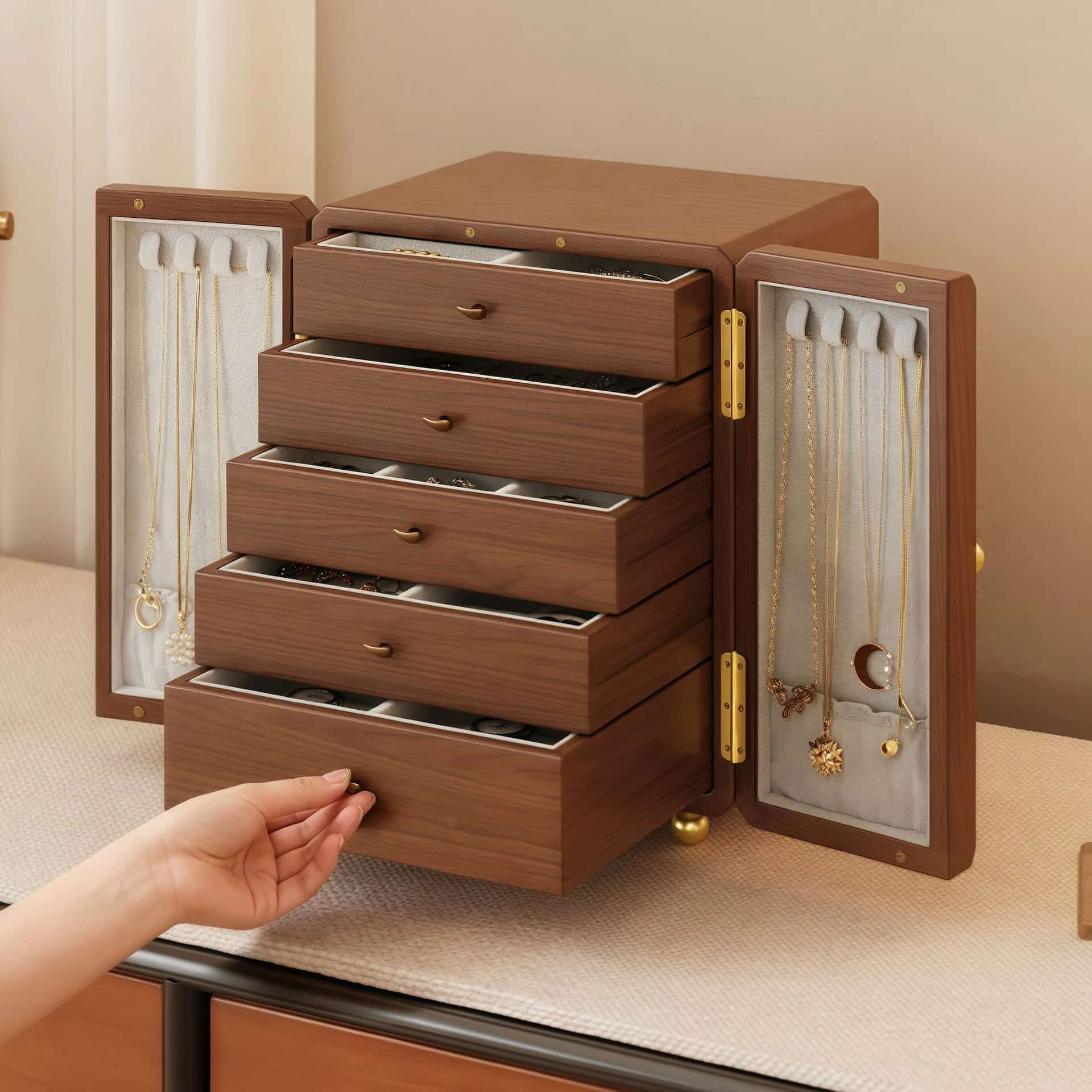 Wood Jewelry Cabinet with Double Doors & Drawers