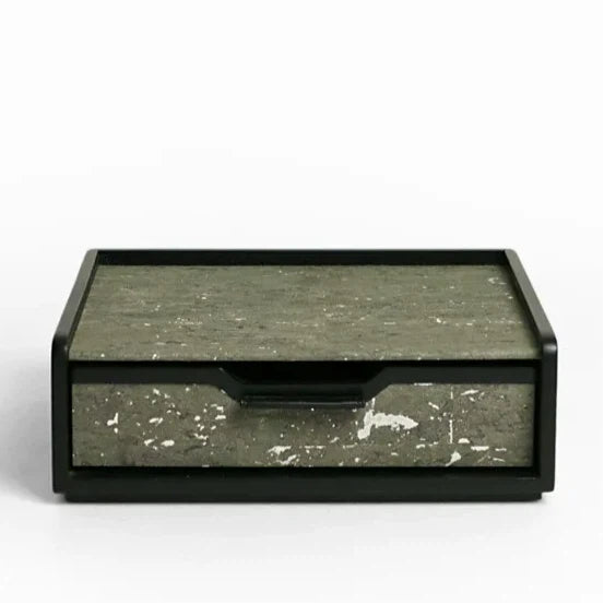 Silver Foil Travertine Drawer Box - Vintage Black Wood Jewelry & Desktop Organizer