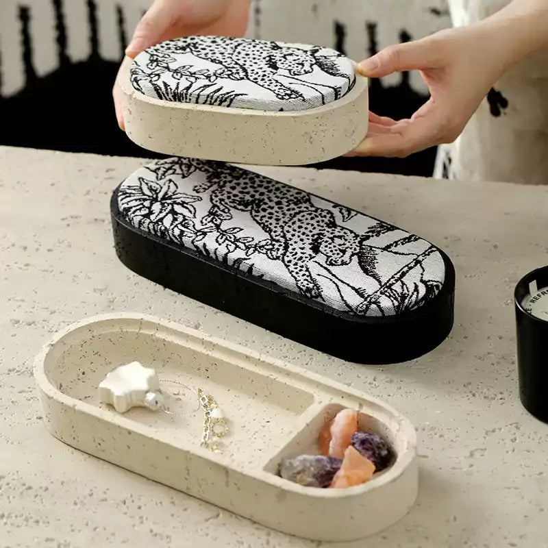 Travertine-Effect Oval Storage Box with Linen Lid