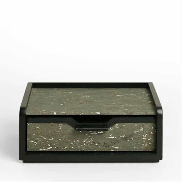 Silver Foil Travertine Drawer Box - Vintage Black Wood Jewelry & Desktop Organizer