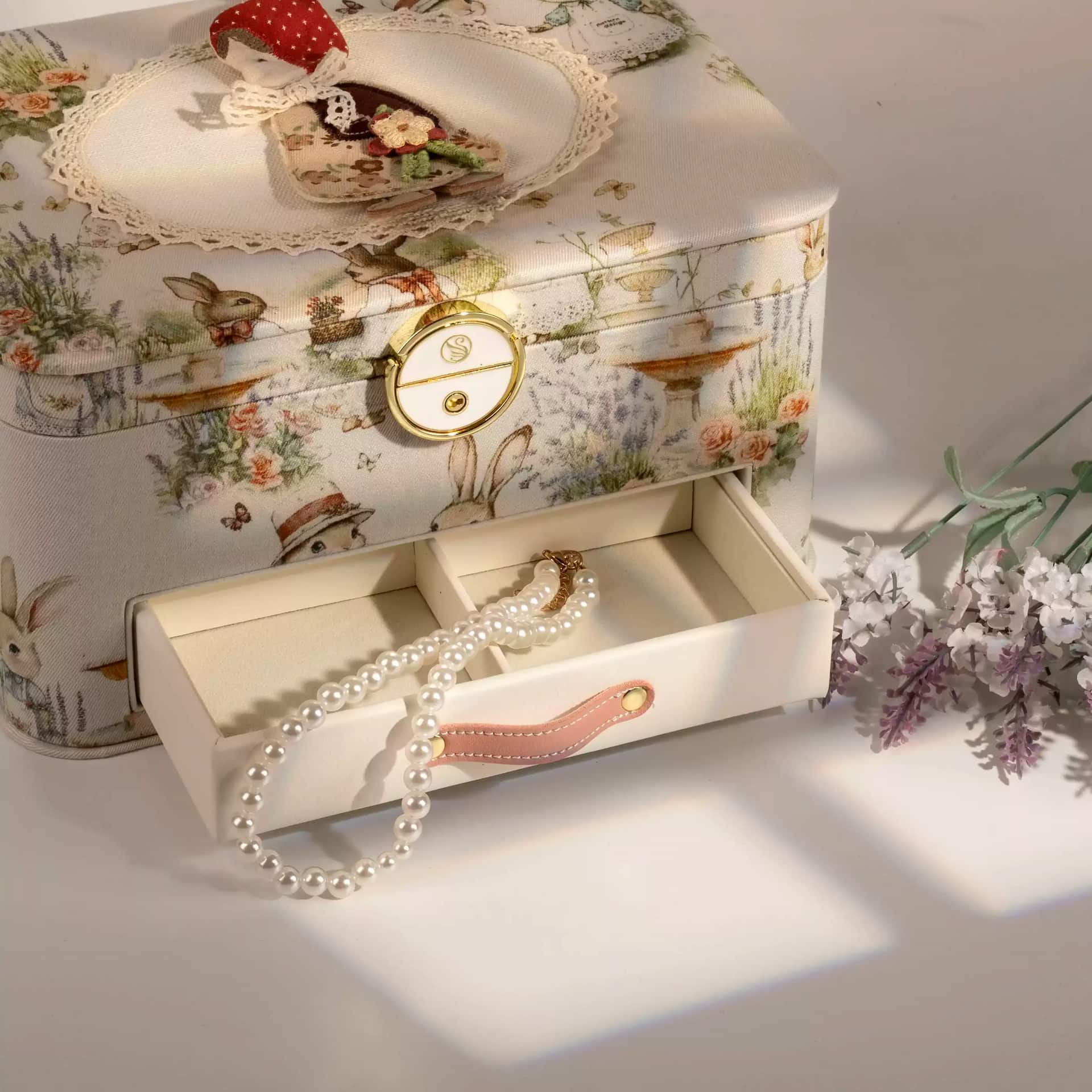 Linen Jewelry Box with Handmade Doll & Embroidery