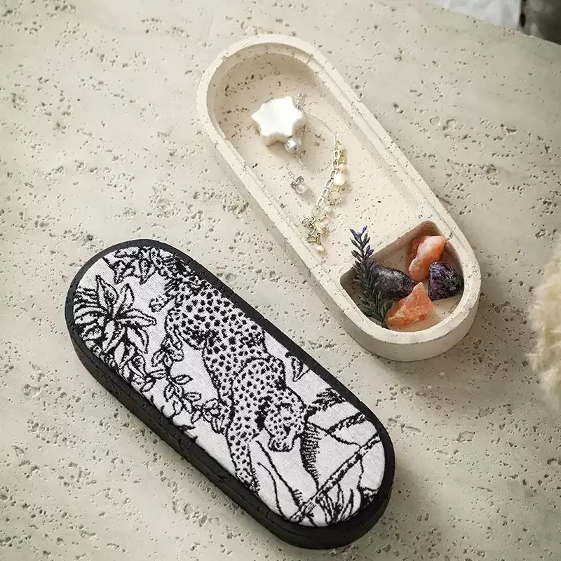Travertine-Effect Oval Storage Box with Linen Lid