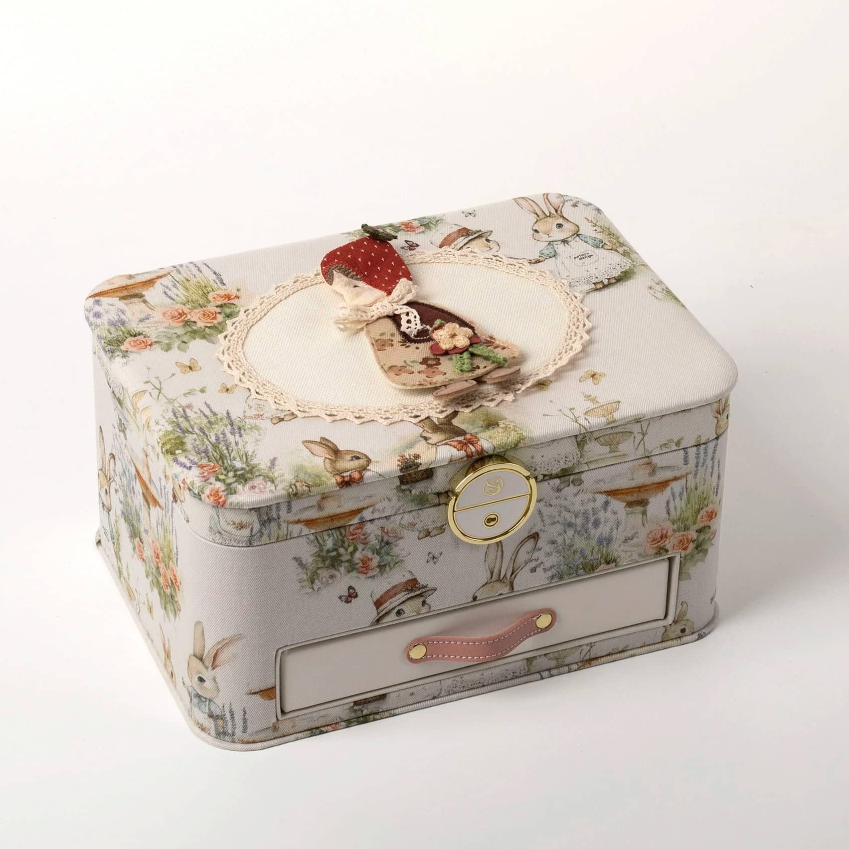 Linen Jewelry Box with Handmade Doll & Embroidery