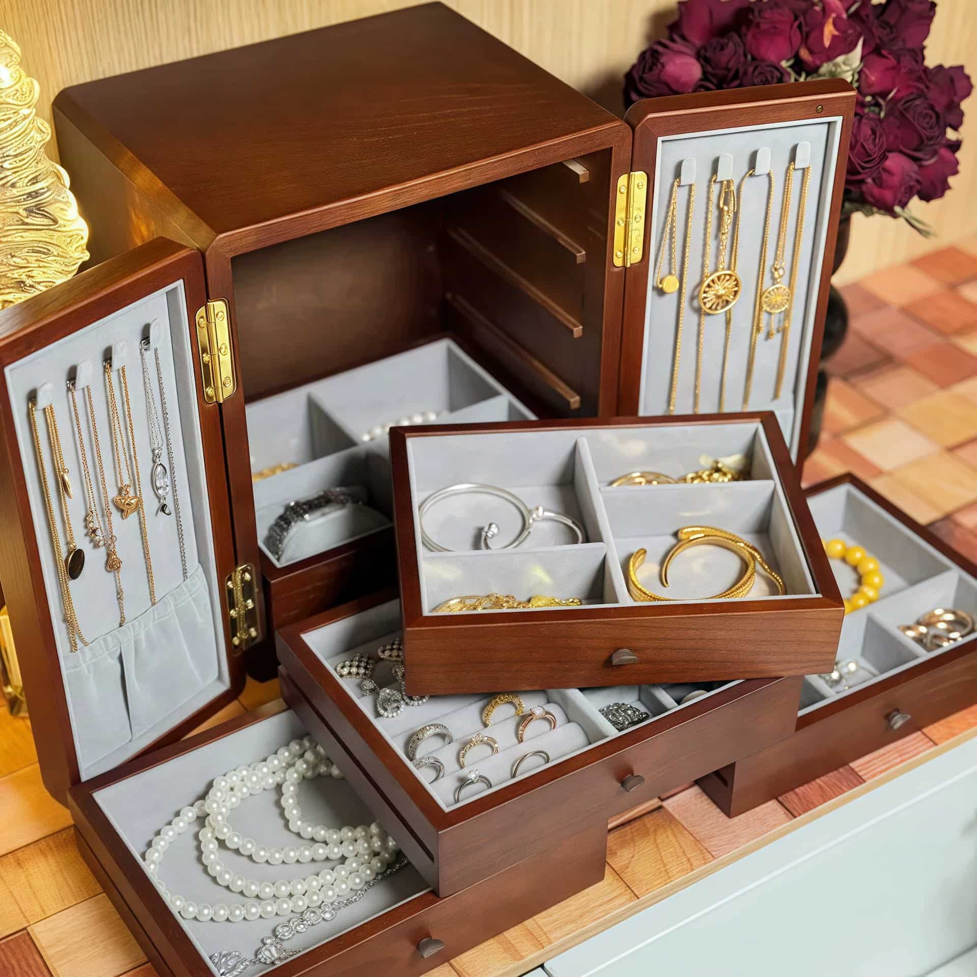 Wood Jewelry Cabinet with Double Doors & Drawers