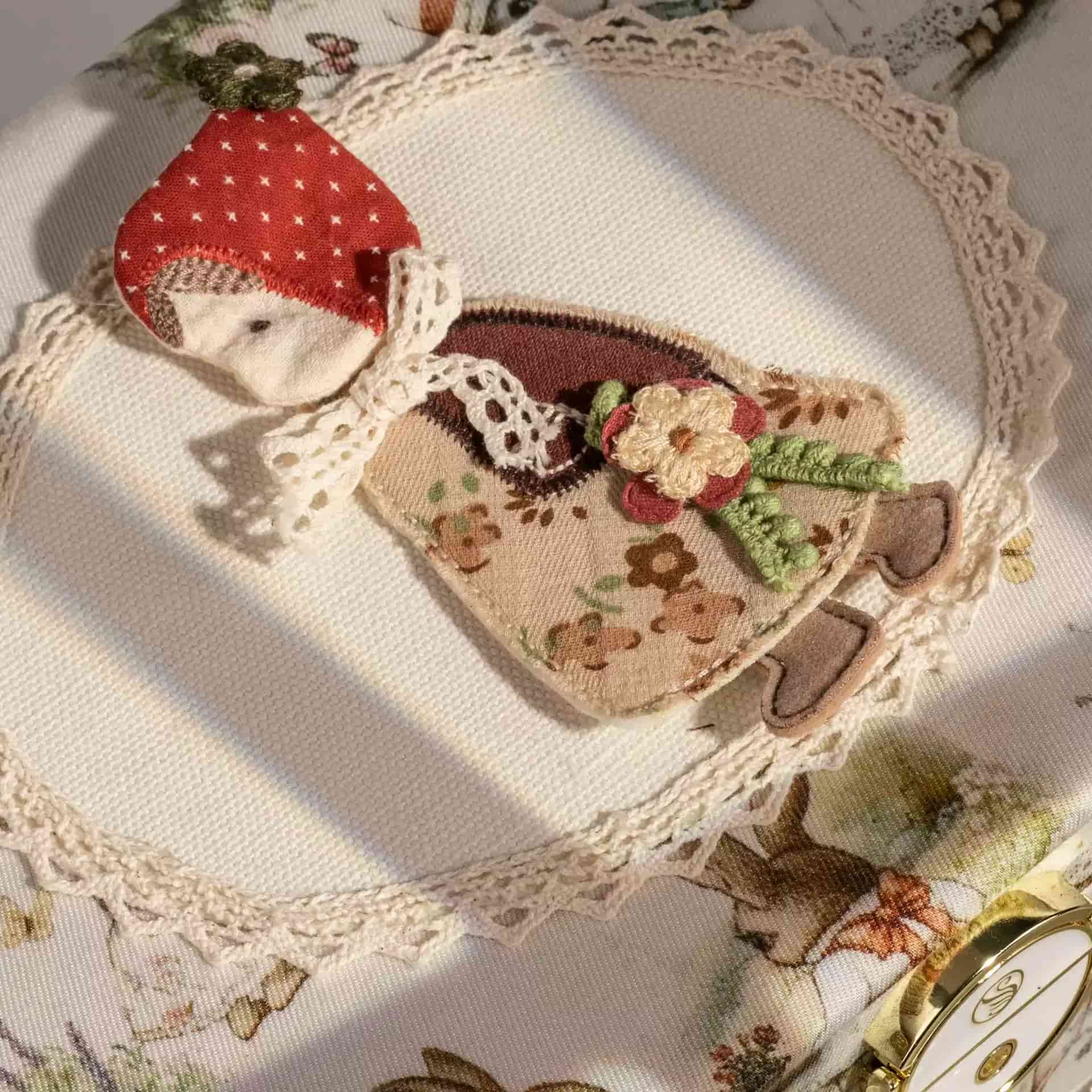 Linen Jewelry Box with Handmade Doll & Embroidery